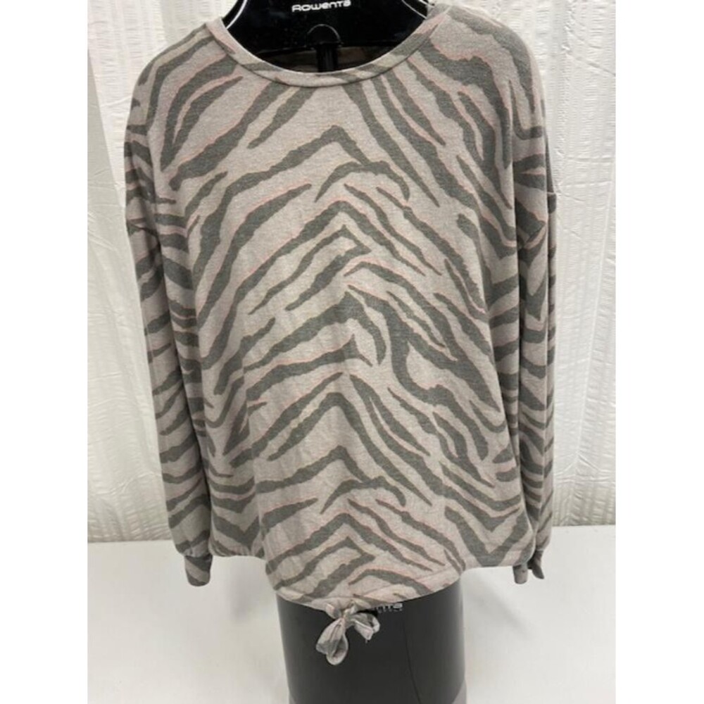 Brushed Womens XL Zebra Print Tie Front Top Long Sleeve Gray Pink NWT